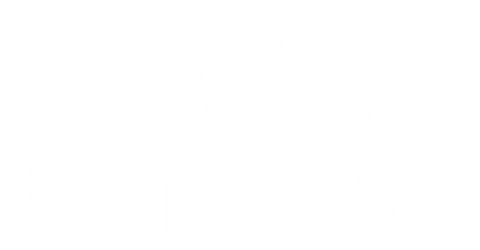 Daily Garnish in the original brand lettering, with a ghost spoon, pitchfork and cobweb, in white on a transparent background.